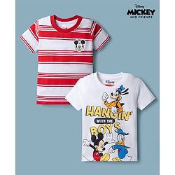 Babyhug Disney Single Jersey Knit Half Sleeves T-Shirts with Striped & Disney Print Pack of 2 - White