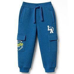 Babyhug Cotton Terry Knit Full Length Lounge Pant With Los Angeles Print & Cargo Pockets - Blue