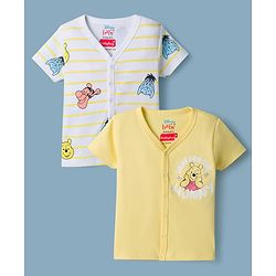 Babyhug Disney Interlock Knit Half Sleeves Striped Jhablas With Winnie the Pooh Graphic Pack of 2 - White & Yellow