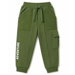 Babyhug 100% Cotton Terry Knit Full Length Lounge Pant with Text Print & Cut & Sew Design- Olive Green