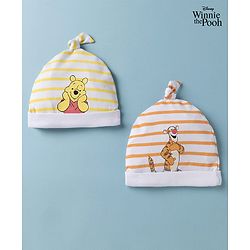 Babyhug Interlock Knit Striped Baby Caps with Winnie The Pooh & Tigger Print Pack of 2 Yellow & Dark Orange - Diameter 15 cm