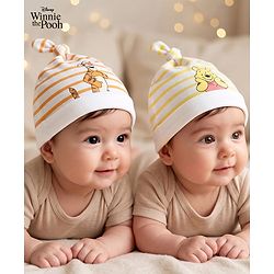 Babyhug Interlock Knit Striped Baby Caps with Winnie The Pooh & Tigger Print Pack of 2 Yellow & Dark Orange - Diameter 15 cm