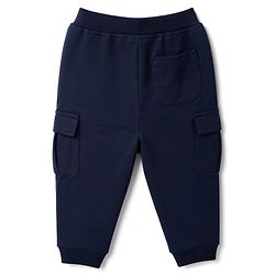 Babyhug Cotton Terry Knit Full Length Solid Lounge Pant with Cargo Pockets & Happy Me Text Print - Navy Blue