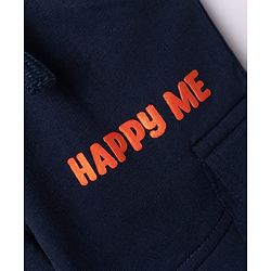 Babyhug Cotton Terry Knit Full Length Solid Lounge Pant with Cargo Pockets & Happy Me Text Print - Navy Blue