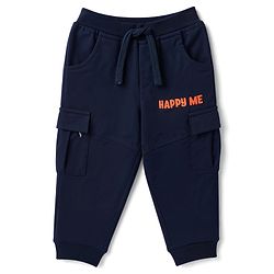 Babyhug Cotton Terry Knit Full Length Solid Lounge Pant with Cargo Pockets & Happy Me Text Print - Navy Blue
