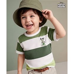 Babyhug Disney Single Jersey Knit Half Sleeves Striped T-Shirt With Mickey Mouse Graphic - Green