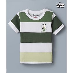 Babyhug Disney Single Jersey Knit Half Sleeves Striped T-Shirt With Mickey Mouse Graphic - Green