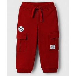 Babyhug Cotton Terry Knit Full Length Solid Lounge Pant with Cargo Pockets & Best Team Text with Football Patch - Red