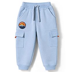 Babyhug 100% Cotton Terry Knit Full Length Lounge Pants With Patch & Cargo Pockets - Blue