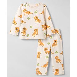 Babyhug Cotton Knit Full Sleeves T-Shirt & Pyjama Night Suit with Cub Print -  Off White