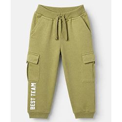 Babyhug Cotton Terry Knit Full Length Track Pants With Best Team Text Print - Olive Green