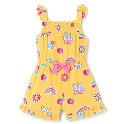 Babyhug 100% Cotton Single Jersey Knit Sleeveless Strawberry & Floral Printed Jumpsuit With Bow Applique - Yellow