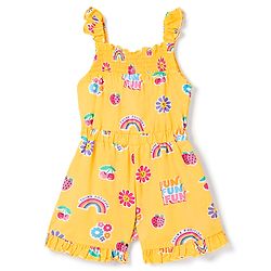 Babyhug 100% Cotton Single Jersey Knit Sleeveless Strawberry & Floral Printed Jumpsuit With Bow Applique - Yellow