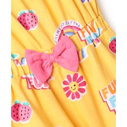 Babyhug 100% Cotton Single Jersey Knit Sleeveless Strawberry & Floral Printed Jumpsuit With Bow Applique - Yellow