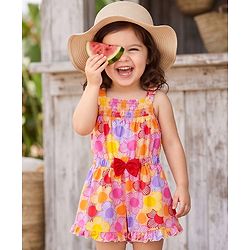 Babyhug Single Jersey Knit Sleeveless Floral Printed Jumpsuit With Bow Applique - Multicolor