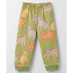 Babyhug Cotton Knit Full Sleeves Co-Ords Pyjama Night Suit with Cat Print -  Green
