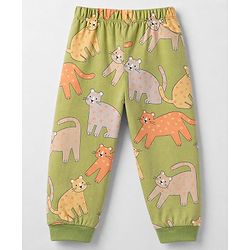 Babyhug Cotton Knit Full Sleeves Co-Ords Pyjama Night Suit with Cat Print -  Green