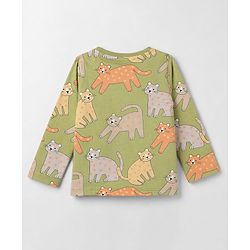 Babyhug Cotton Knit Full Sleeves Co-Ords Pyjama Night Suit with Cat Print -  Green