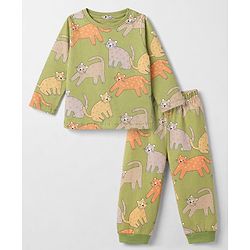 Babyhug Cotton Knit Full Sleeves Co-Ords Pyjama Night Suit with Cat Print -  Green