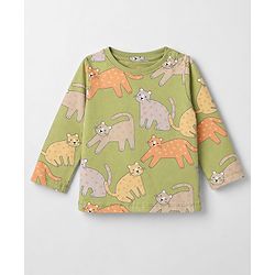 Babyhug Cotton Knit Full Sleeves Co-Ords Pyjama Night Suit with Cat Print -  Green