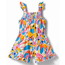 Babyhug Single Jersey Knit Sleeveless Abstract Printed Jumpsuit With Bow Applique - Multicolor