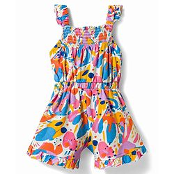 Babyhug Single Jersey Knit Sleeveless Abstract Printed Jumpsuit With Bow Applique - Multicolor