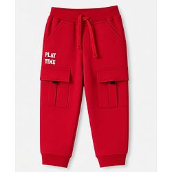 Babyhug Cotton Terry Knit Full Length Lounge Pant With Playtime Text Print - Red