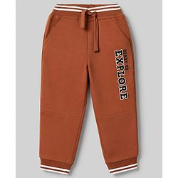 Babyhug Cotton Terry Knit Jogger Fit Full Length Lounge Pant with Ready To Explore Text Print - Rust Orange