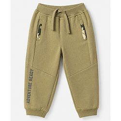 Babyhug Cotton Terry Full Length Jogger Fit Track Pant with Full Length and Adventure Ready Print in Olive Green