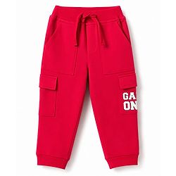 Babyhug Cotton Terry Knit Full Length Lounge Pant With Game On Text Print - Red