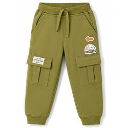 Babyhug 100% Cotton Terry Knit Full Length Lounge Pant With Cargo Pockets & Patch - Olive Green