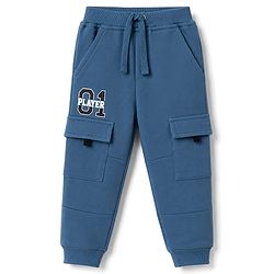 Babyhug 100% Cotton Terry Knit Full Length Text Printed Lounge Pant With Cargo Pockets - Blue