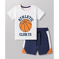 Babyhug 100% Cotton Single Jersey Knit Half Sleeves T-Shirt and Shorts with Basketball Print - White