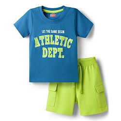 Babyhug Single Jersey Knit Half Sleeves T-Shirt & Shorts Set With Text Print - Blue & Limegreen