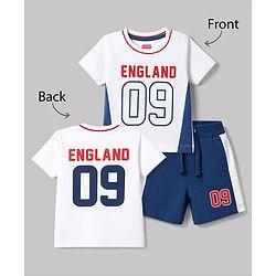 Babyhug 100% Cotton Single Jersey Knit Half Sleeves T-Shirt & Shorts Set England Print - White & Blue