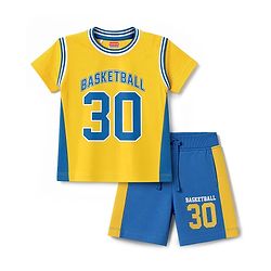 Babyhug 100% Cotton Terry Knit Half Sleeves T-Shirt & Shorts Set Basketball Print - Yellow & Blue