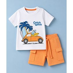 Babyhug 100% Cotton Knit Half Sleeves Beach Theme Printed T-Shirt & Shorts Set - White & Orange