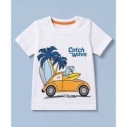 Babyhug 100% Cotton Knit Half Sleeves Beach Theme Printed T-Shirt & Shorts Set - White & Orange