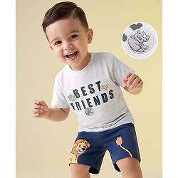 Babyhug 100% Cotton Knit Half Sleeves T-Shirt & Shorts Set With Animals Print - White & Navy Blue