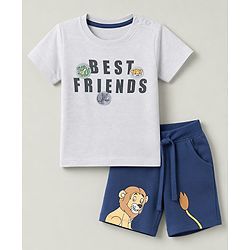 Babyhug 100% Cotton Knit Half Sleeves T-Shirt & Shorts Set With Animals Print - White & Navy Blue
