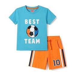 Babyhug 100% Cotton Single Jersey Knit Half Sleeves T-Shirt & Shorts Set Football Print - Orange & Blue