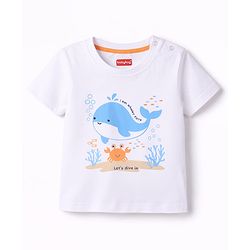 Babyhug Single Jersey Knit Half Sleeves T-Shirt & Shorts Set With Whale & Crab Print - White & Navy Blue