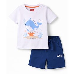 Babyhug Single Jersey Knit Half Sleeves T-Shirt & Shorts Set With Whale & Crab Print - White & Navy Blue