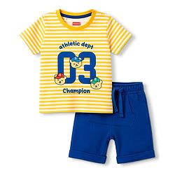 Babyhug 100% Cotton Single Jersey Knit Half Sleeves Striped T-Shirt & Shorts Set With Bear Print - Multicolor