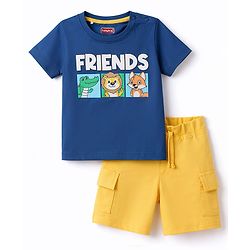 Babyhug Single Jersey Knit Half Sleeves T-Shirt & Shorts Set With Text Print - Navy Blue & Yellow