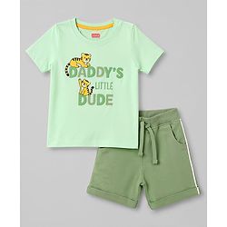 Babyhug Single Jersey Knit Half Sleeves Tiger Printed T-Shirt & Shorts Set - Light Green