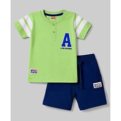 Babyhug 100% Cotton Single Jersey Knit Half Sleeves T-Shirt & Shorts Set Alphabet Print - Green Blue