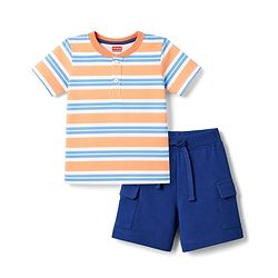 Babyhug 100% Cotton Single Jersey Knit Half Sleeves Striped T-Shirt & Shorts Set - Multicolor