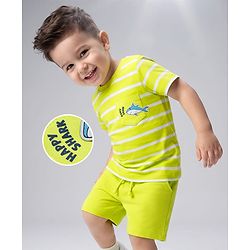 Babyhug 100% Cotton Knit Half Sleeves Striped & Sea Life Printed T-Shirt & Shorts Set - Lime Green