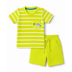 Babyhug 100% Cotton Knit Half Sleeves Striped & Sea Life Printed T-Shirt & Shorts Set - Lime Green